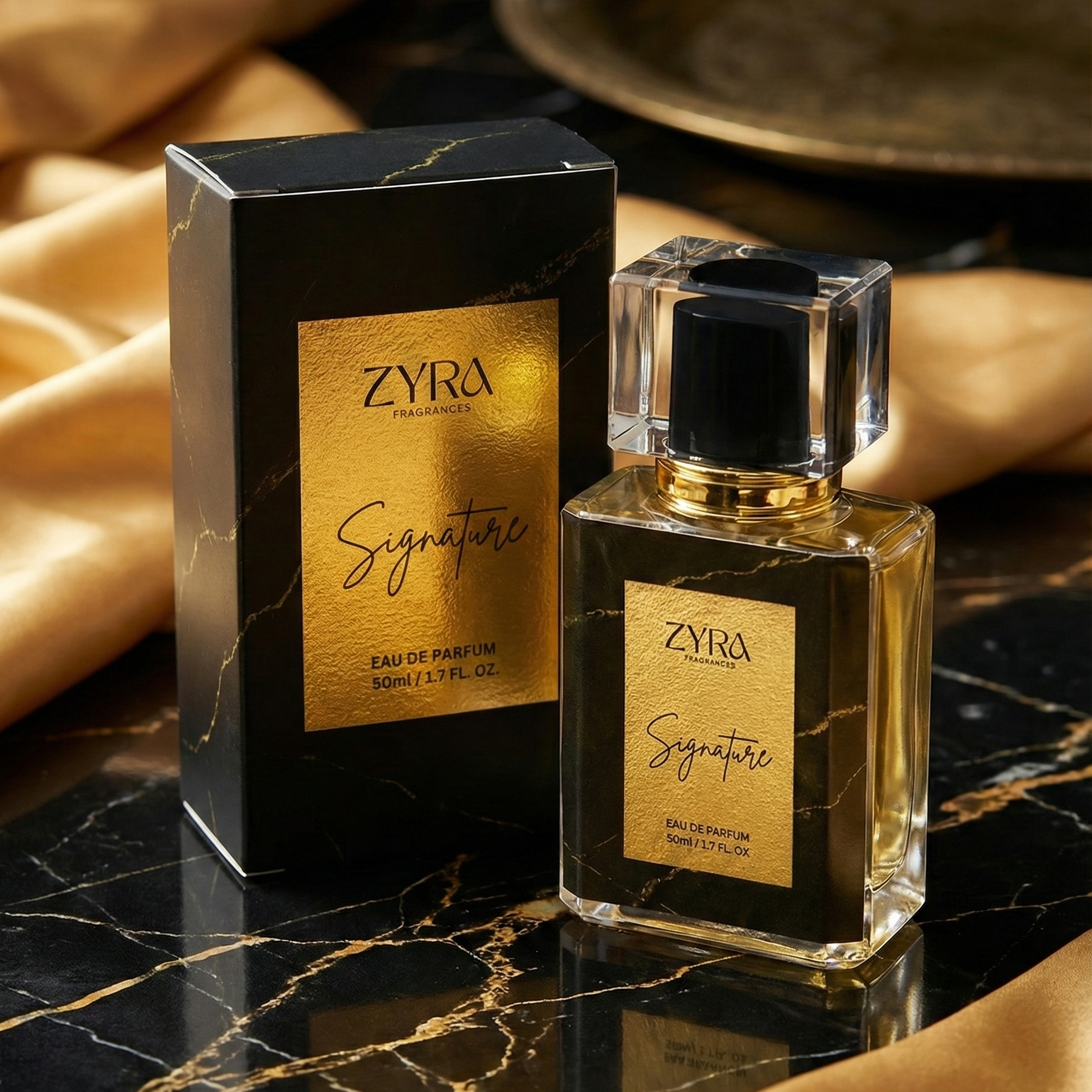 Zyra Signature perfume bottle and packaging on a marble surface